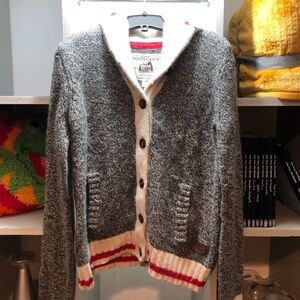 Roots Men's Shawl Collar Cardigan in Gray with White and Red Accents